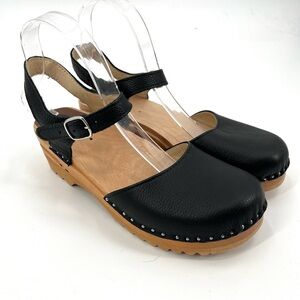 TROENTORP Mary Jane Clogs Black Leather Swedish Clog Ankle Strap 38 Wooden 8-8.5
